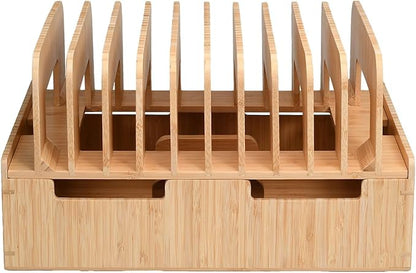 MobileVision Bamboo 12-Port Charging Station & Docking Organizer for Smartphones & Tablets, Family-Sized, for use in Corporate Offices & Classrooms