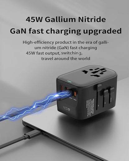 GaN 45W Universal Travel Adapter, International Power Adapter with 5-Port PD Fast Charging (2 USB-C, 2 USB-A, 1 AC) - 100V-240V Travel Adapter Worldwide Plug for US EU UK AUS Asia (Type A/C/G/I)