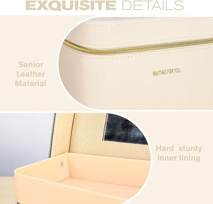 Luxury makeup box, Portable leather hard cosmetic case with mirror, cosmetic case organizer,Professional train case for women adults. (White)