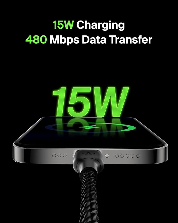 Belkin USB A to USB C Cable, 6.6ft, 15W - Type C Charger, iPhone Charger Cord, Soft, Braided, Flexible for iPhone 16 & 15, Galaxy S25, Pixel 9, iPad Pro, Airpods Pro, Switch & More - Black