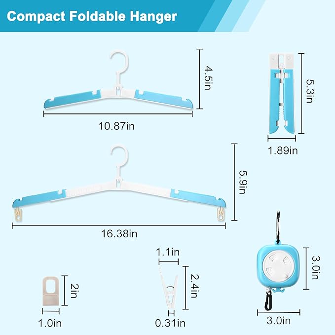 6 Pack Foldable Travel Hangers with Clips & Adjustable Clothesline, Portable Collapsible Hangers with Storage Bag for Suitcase, Hotel, RV, Cruise Essentials Set (Blue)