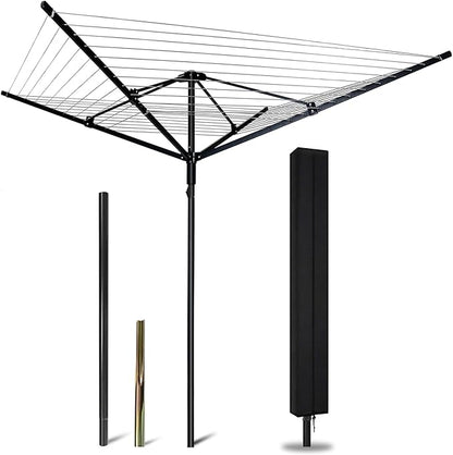 A-xctoe Rotary Outdoor Umbrella Drying Rack Adjustable Height Clothesline w/Waterproof Protective Cover Folding Rotary Dryer with 4-Aluminum Arms and Steel Post | 12-Lines with 165 ft Clothesline