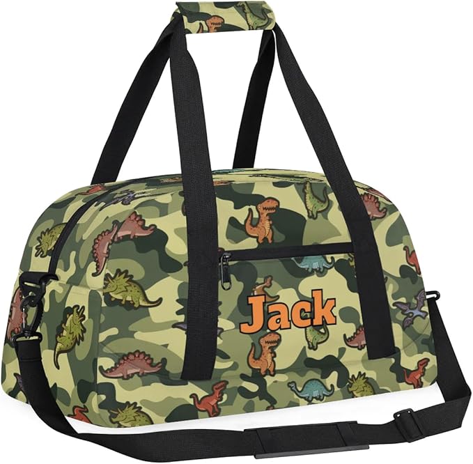Personalized Duffel Bag for Kids Girls Boys, Cartoon Dinosaurs Custom Name Gym Bag Overnight with Padded Handles Carry On Weekend Sports Travel Bag for School Practice Gymnastics Ballet