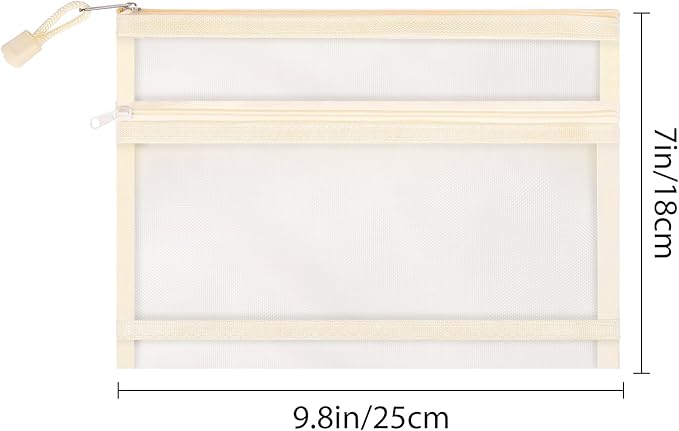 12 Pieces Zipper Nylon Mesh Pouch, Mesh Cosmetic Bags Makeup Bags Pencil Case, Multipurpose Travel Bags for Cosmetic School Office Supplies and Travel Accessories (2 Layers-Beige, A5)
