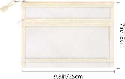 12 Pieces Zipper Nylon Mesh Pouch, Mesh Cosmetic Bags Makeup Bags Pencil Case, Multipurpose Travel Bags for Cosmetic School Office Supplies and Travel Accessories (2 Layers-Beige, A5)