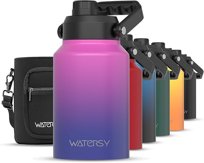 WATERSY Half Gallon Water Bottle Insulated(Cold for 48 Hrs),BPA Free&Leak Proof,64oz Stainless Steel Water Jug/Flask,Big thermo,Large Water Bottle with Handle for Gym,Hiking,Camping,Gradient Purple