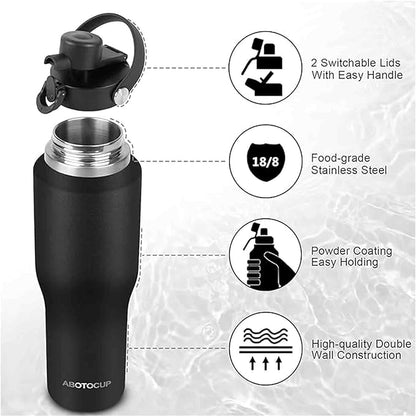 40oz Black Water Bottle Stainless Steel, Keep Cold 24H&Hot 12H, Water Bottle with Straw&Spout Lids, Insulated Water Bottle Double Wall Vacuum, Fit in Any Car Cup Holder, Leak-proof BPA Free,Black