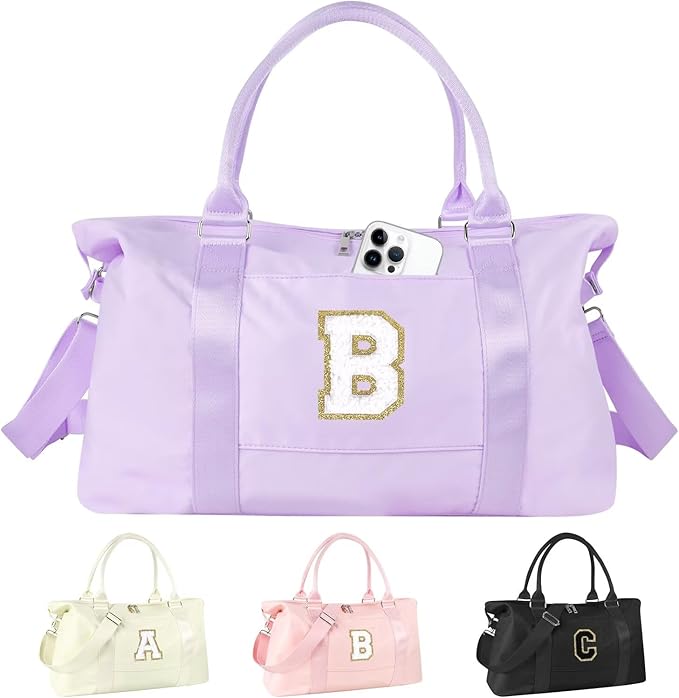 Dance Gym Duffel Bag for Teen Girls, Personalized Initial Travel Weekender Bag,Cute Overnight Carry On Duffle for Women,Sports Travel Cheer Bag,Monogram Christmas Gifts for Tween Preppy(purple-B)
