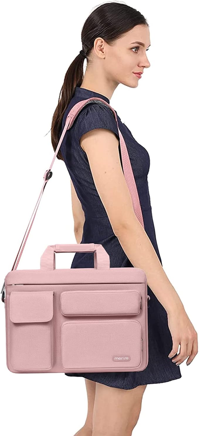 MOSISO Laptop Shoulder Bag 15.6 inch, 15-15.6 inch Computer Bag Compatible with MacBook Pro 16 inch, HP, Dell, Lenovo, Notebook with 2 Raised&1 Flapover&1 Horizontal Pocket&Handle&Belt, Pink