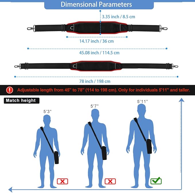ZINZ Bag Shoulder Strap 78" with Ultra Cushion Breathable Pad,Durable Strap with Double Adjustable Buckles and Metal Hooks for D-ring Bags,Ideal for Individuals 5'11"and Taller,Black Red