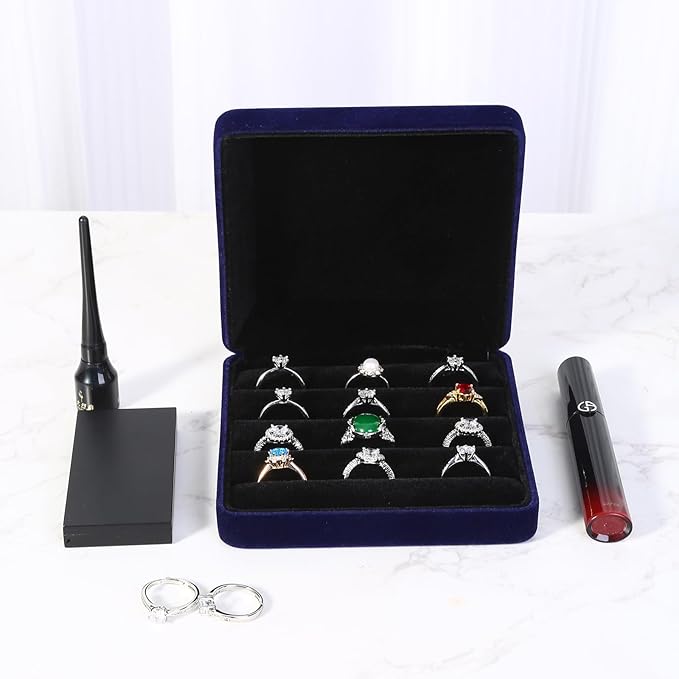 Ring Storage Boxes for Multiple Rings, Velvet Compact and Stylish Travel Jewelry case, Portable Small jewelry Organizer Box Tray Gift for Women, Girl(Blue)
