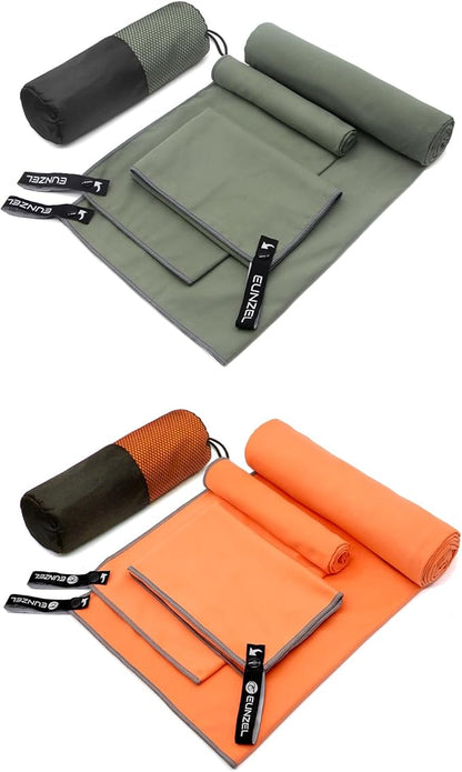 Eunzel 2 Pack Quick Dry Camping Towel, Microfiber Travel Towel 3 Size at 1 Pack,Fast Drying Towel Set for Camping, Beach, Gym, Sports, Yoga & Swimming Pool, Army Green/Orange