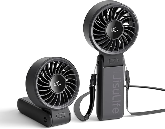 JISULIFE Handheld Fan Life7 – Ultimate Flexibility: High-Power Motor, LED Display, 19.5 Hrs Cooling, 5000mAh Rechargeable, 5-Speed, Foldable Design, 3-IN-1 Portable Fan for Travel Cruise Beach(Black)