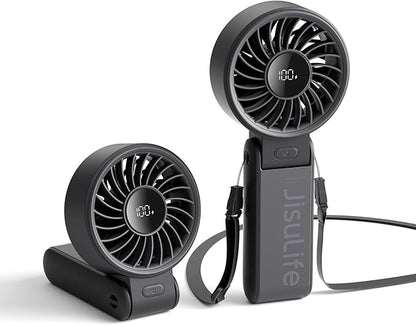 JISULIFE Handheld Fan Life7 – Ultimate Flexibility: High-Power Motor, LED Display, 19.5 Hrs Cooling, 5000mAh Rechargeable, 5-Speed, Foldable Design, 3-IN-1 Portable Fan for Travel Cruise Beach(Black)