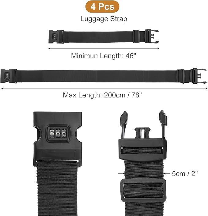 MECCANIXITY Luggage Straps with Combination Lock Adjustable Suitcase Belt Strap for Suitcase Briefcase Backpack Travel, Black, Pack of 4