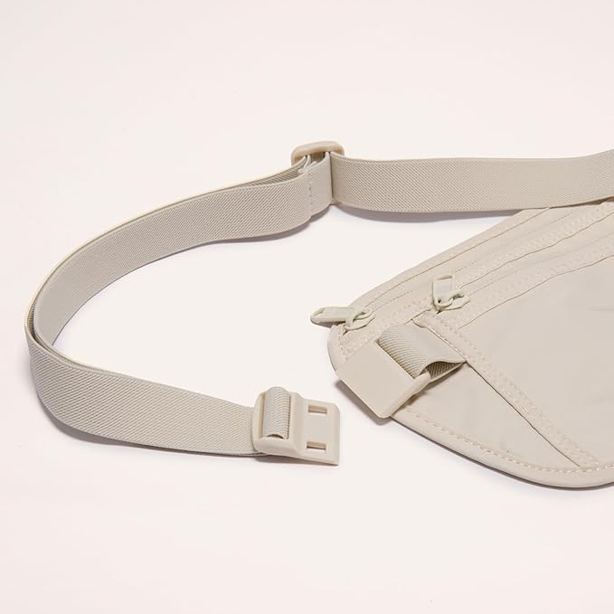 Pander RFID Blocking Travel Money Belt – Hidden Waist Pouch for Passport, Cash, Cards, Slim Belt Bag for Men and Women, White Beige
