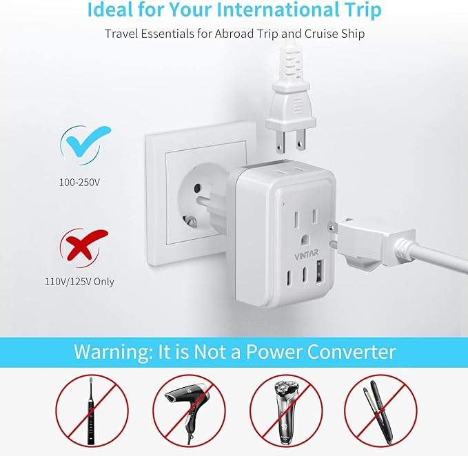 European Travel Plug Adapter Kit, VINTAR International Plug Adapter with 3 USB Ports (2 USB C,3.4A) 2 American Outlets, Type C,G,E/F Detachable Attachments, Adapter for US to UK Europe France Italy