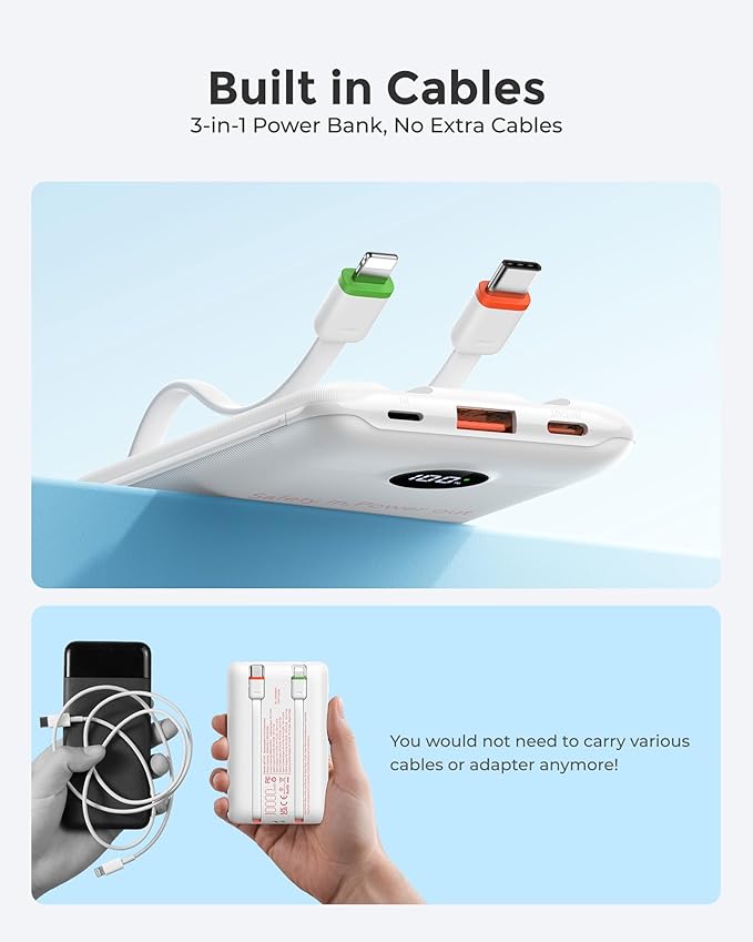 VEEKTOMX Portable Charger Built-in Cables, Power Bank for iPhone, Fast Charge USB C Battery Pack Travel Essentials Powerbank Compatible with iPhone 17/16/15/14, Samsung S25/24
