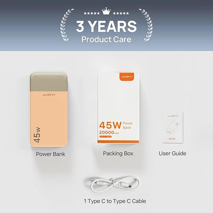 J2621 Power Bank Portable Charger,20000mAh 45W PD3.0 QC 4.0 Fast Charging Battery Pack with LED Display,2 USB-C,2 USB-A for iPhone 15 16, MacBook (Orange)