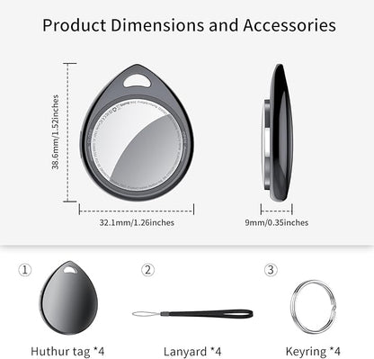 Air Tracker Tags-4 Pack, 5.3 Bluetooth Tracker Work with Apple Find My (iOS Only), 100dB Sound, Smart Tag with Keychain/Lanyard, Item Finder for Luggage/Key/Suitcase, Replaceable Battery, Black.