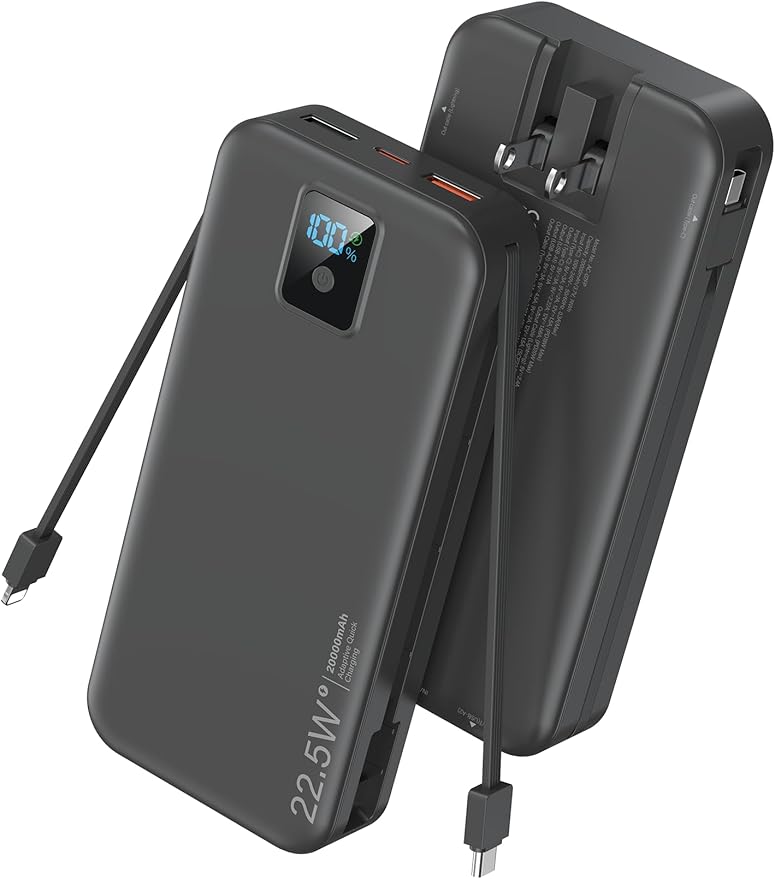 Portable Charger, 20000mAh 22.5W Fast Charging Power Bank with Built-in Cables & Wall Plug, Travel Essentials Battery Pack with LED Display, USB C External Battery Bank for iPhone iPad, Samsung Black