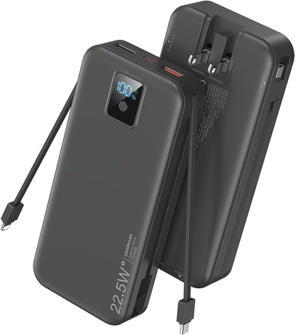 Portable Charger, 20000mAh 22.5W Fast Charging Power Bank with Built-in Cables & Wall Plug, Travel Essentials Battery Pack with LED Display, USB C External Battery Bank for iPhone iPad, Samsung Black