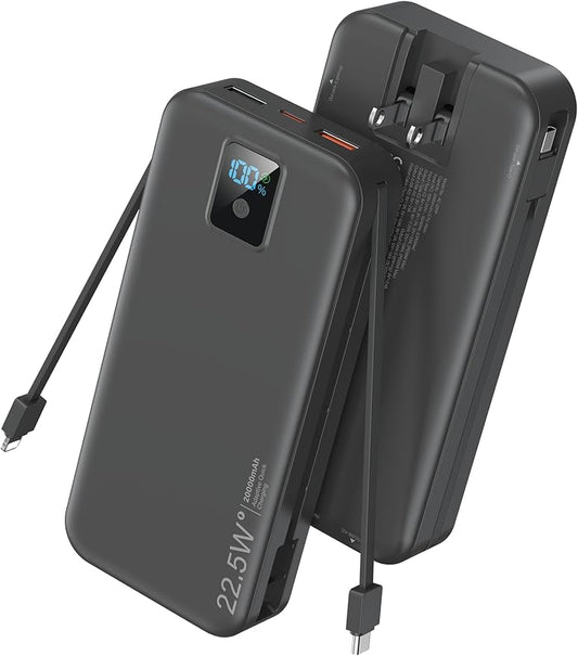 Portable Charger, 20000mAh 22.5W Fast Charging Power Bank with Built-in Cables & Wall Plug, Travel Essentials Battery Pack with LED Display, USB C External Battery Bank for iPhone iPad, Samsung Black
