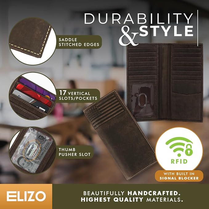 ELIZO Leather Long Wallet for Men Western Wallet Rodeo Mens Wallet Flat Bifold Wallets for Men Biker Billfold Wallet for Men Cowboy Wallet RFID Wallet for Men with Credit Card Holder