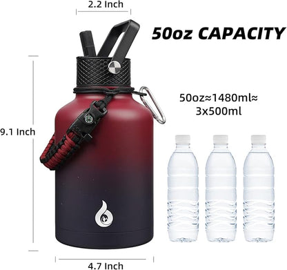 BJPKPK Insulated Water Bottles with Straw Lid, 50oz, 64oz, 87oz, 128oz Large Water Bottle with 3 Lids and Paracord Handle, Stainless Steel Metal Water Bottle, Insulated Water Jug,Charming Red