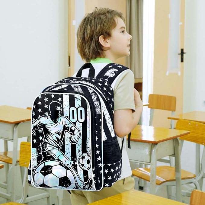 WZLVO 3PCS Kids Soccer Backpack Set, 17" Cool UV Printing Boys Bookbag/School Bag with Lunch Box & Pencil Bag for Elementary to Middle - Star-Spangled Soccer