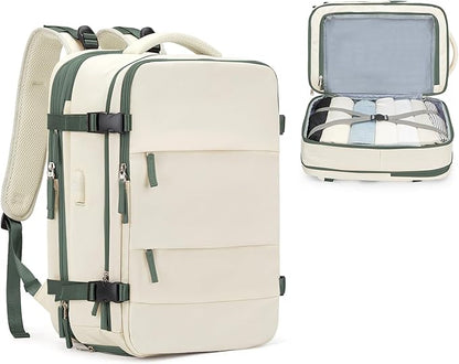Casual Backpack Traveling Backpack, A-beige With Green, Expandable, Travel Backpacks