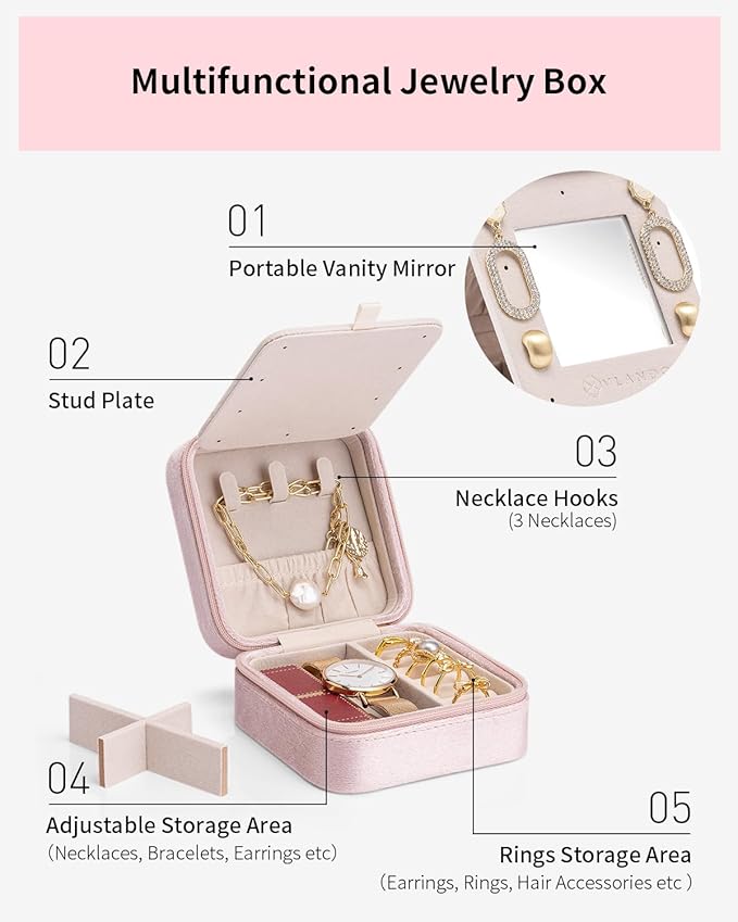 Vlando Velvet Travel Jewelry Case, Jewelry Travel Box for Women, Travel Jewelry Organizer, Small, Portable Jewelry Boxes with Mirror - Pink