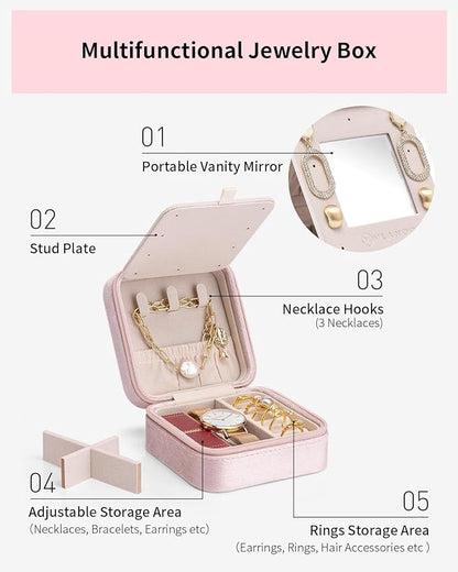 Vlando Velvet Travel Jewelry Case, Jewelry Travel Box for Women, Travel Jewelry Organizer, Small, Portable Jewelry Boxes with Mirror - Pink