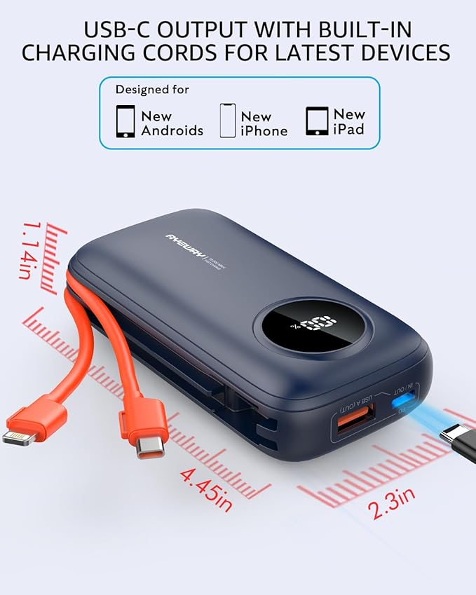 Ayeway Lightweight USB C Battery Pack with Built in Cables,10,000mah Portable Charger High Speed Charging Power Bank with 4 outputs,External Battery Phone Charger for iPhone,Samsung,5V Heated Vest