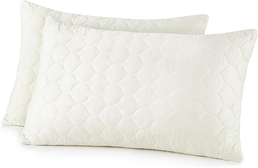 Organic Cotton Pillow Protector - Durable Quilted Pillow Protector Queen Size GOTS & Fairtrade Certified - Thick Hypoallergenic Machine Washable Breathable Cover & Edge Piping - 2 Pack (Ivory, Queen)