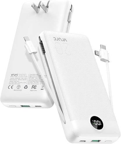 VRURC Power Bank 20000mAh, Fast Charging Portable Charger USB C,4 Output 2 Input Travel Essentials Charging Bank Equipped with LED Display,Built-in Wall Plug and Cables,Phone Charger Battery,White