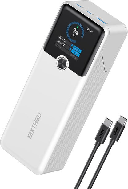 Power Bank, 20000mAh 3-Port Laptop Portable Charger with 140W Fast Charging, Smart Display, for Outdoor, Compatible with iPhone 16/15/14 Series, Samsung, MacBook, iPad, and More（White）