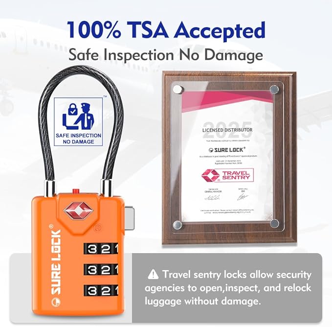 SURE LOCK TSA Approved Combination Luggage Locks with Open Alert Indicator – Durable Zinc Alloy Cable Travel Locks with Large Easy-Read Dials for Suitcases, Backpacks & Gym Bags Orange 4 Pack