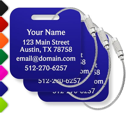 Custom Luggage Tags (3 or 6 Pack) - Personalized Unique Suitcase & Backpack Travel, Durable, Waterproof & Heavy Duty (Dark Blue)