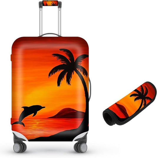 Suitcase Cover for Luggage 18-21 Inch, Washable Elastic Anti-Scratch Luggage Protector, Durable Zipper Baggage Cover with Handle Wrap, Travel Accessories for Suitcase, A Palm Tree and a Dolphin