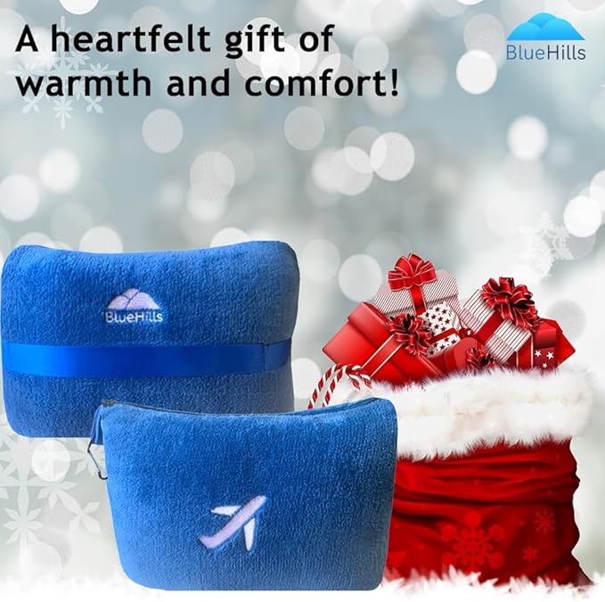 BlueHills Travel Blanket Pillow in Mini Soft Case Premium Plush Airplane Blanket in Soft Bag Compact Pack with Luggage Belt and Backpack Clip Car Portable Cozy Traveling Accessories - Royal Blue M07