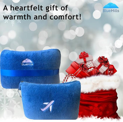 BlueHills Travel Blanket Pillow in Mini Soft Case Premium Plush Airplane Blanket in Soft Bag Compact Pack with Luggage Belt and Backpack Clip Car Portable Cozy Traveling Accessories - Royal Blue M07