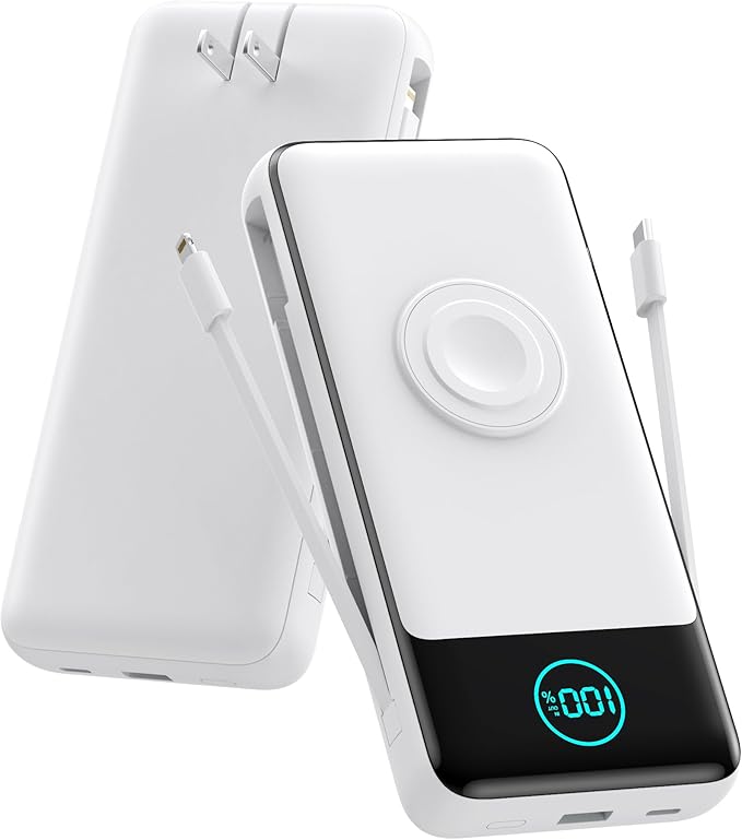 Portable Charger for iPhone with Built-in Cables and AC Wall Plug,Upgraded 26800mah Fast Charging USB C Power Bank,25W PD Travel Essential Battery Pack for iPhone 17/16/15/14,Galaxy,Apple Watch-White