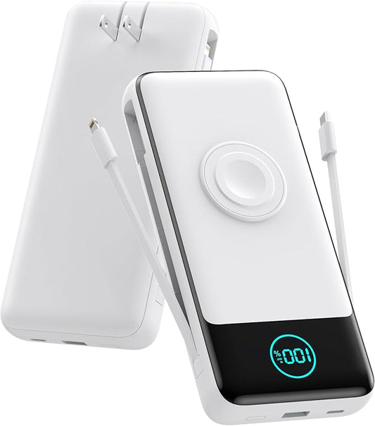 Portable Charger for iPhone with Built-in Cables and AC Wall Plug,Upgraded 26800mah Fast Charging USB C Power Bank,25W PD Travel Essential Battery Pack for iPhone 17/16/15/14,Galaxy,Apple Watch-White