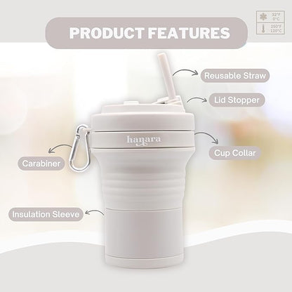 HANARA Collapsible Cup with Reusable Straw – 18 Oz (550 Ml), Portable Travel Mug, BPA-Free, Leak-Proof, Microwave & Dishwasher Safe, Multi-Purpose for Hot & Cold Drinks – Gray