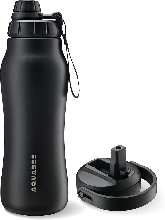 Insula Stainless Steel Water Bottle with Spout & Straw lid, BPA Free & Leakproof, Double Walled Vacuum Insulated water bottle for Sports, Bike, Travel & Hiking (Midnight Black, 24 Oz)