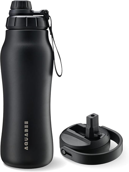 Insula Stainless Steel Water Bottle with Spout & Straw lid, BPA Free & Leakproof, Double Walled Vacuum Insulated water bottle for Sports, Bike, Travel & Hiking (Midnight Black, 24 Oz)