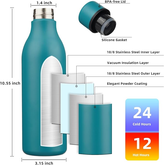 BJPKPK Insulated Water Bottles, 25 oz Stainless Steel Metal Water Bottle with Strap, BPA Free Leak Proof Jugs, Mugs, Flasks, Reusable Thermal Flasks for Sports & Travel, Lake Blue