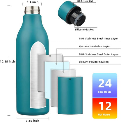 BJPKPK Insulated Water Bottles, 25 oz Stainless Steel Metal Water Bottle with Strap, BPA Free Leak Proof Jugs, Mugs, Flasks, Reusable Thermal Flasks for Sports & Travel, Lake Blue