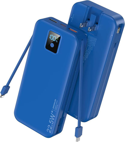 Portable Charger, 20000mAh 22.5W Fast Charging Power Bank with Built-in Cables & Wall Plug, Travel Essentials Battery Pack with LED Display, USB C External Battery Bank for iPhone iPad, Samsung Navy